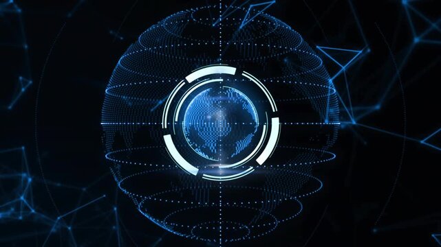 Dotted shell forming triggers holo blue globe rotating, pulsing HUD rings showing network data