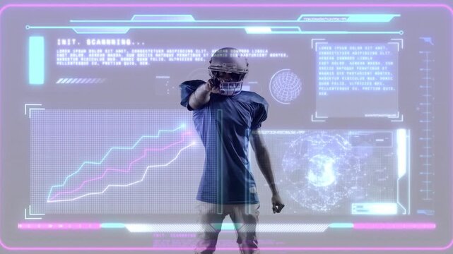 Vertical video: Football player uncrossing then pointing as scanning HUD lighting sports graphs