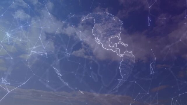Fading into view holographic globe rotating over cloudy sky, visualizing global network connections