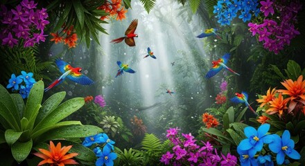 Fototapeta premium A vibrant and serene tropical rainforest scene with colorful flowers and exotic birds in flight.