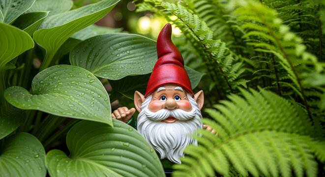 Garden Gnome Hidden Among Lush Green Foliage and Ferns, Whimsical Outdoor Decoration
