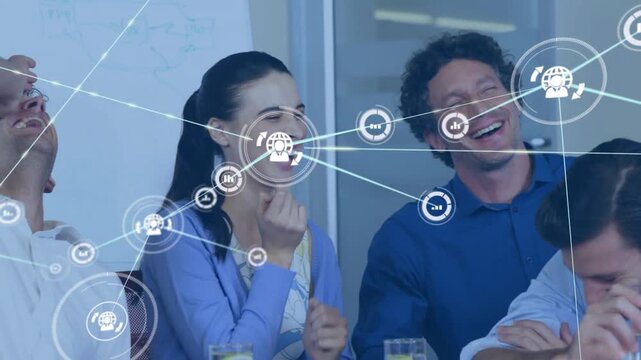 Four team members laughing after joke in office meeting, network nodes expanding and covering table