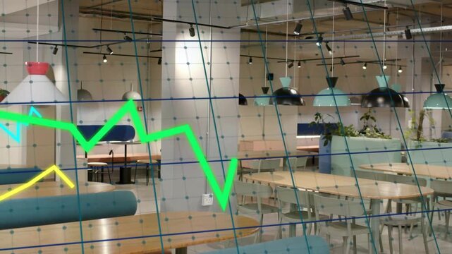 Empty communal area with overlay appearing, AR grid and graphs animating to visualize business data