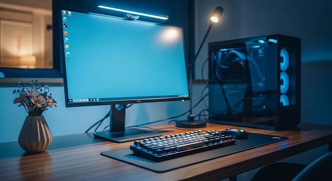 Computer setup on wooden desk with keyboard mouse and pc tower under soft lighting in a room ai generated