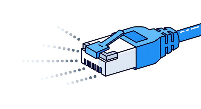 Illustration of a blue ethernet cable connector with dotted lines on a white background ai generated