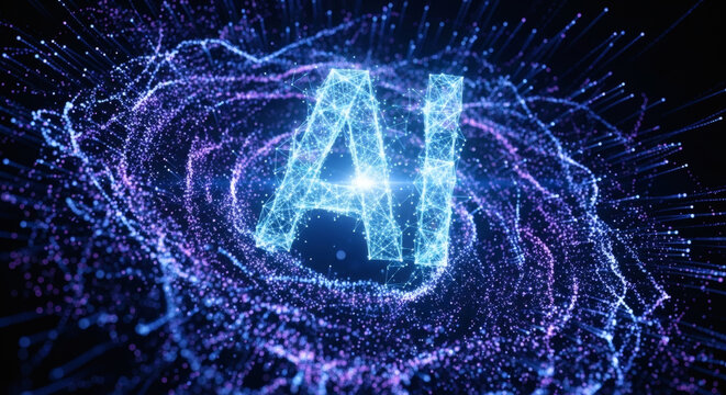Futuristic concept of Artificial Intelligence glowing within a dynamic digital vortex, symbolizing advanced machine learning and technological innovation in a connected world
