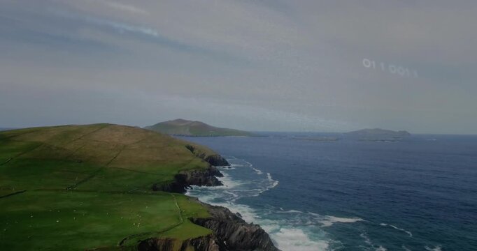 Drone filming cliff, waves breaking and clouds crossing while pink tech overlays showing ocean data