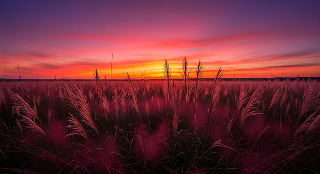A field of tall grass with a vibrant sunset sky in the background displaying warm and cool tones ai generated
