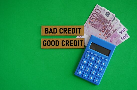 Calculator, EUR, Euro and good credit bad credit printed card, financial concept, management, saving and effective use of money