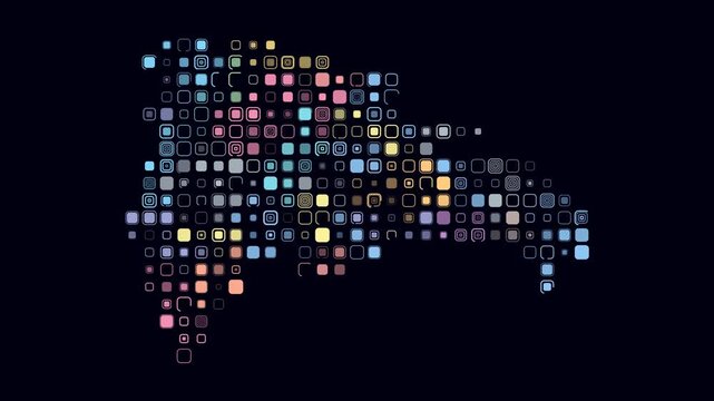 Dominican Republic map animation. Shape of the country with pulsating colored dots. Large size rounded square blocks. Digital style Dominican Republic map on dark background. Awesome video.