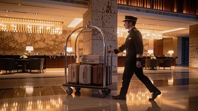 Luxury hotel hallway illuminated with warm tones and reflective chandeliers