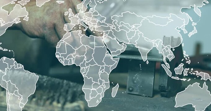 Metalworker hands reaching, adjusting part with pliers on vise for fit, world map overlay fading
