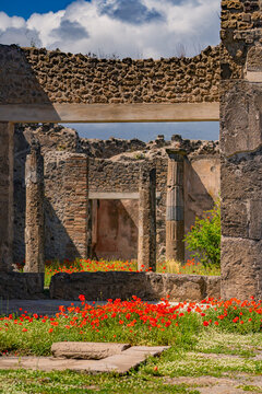 The ancient architecture at Pompeii Archaeological Site, Italy, on a sunny day.