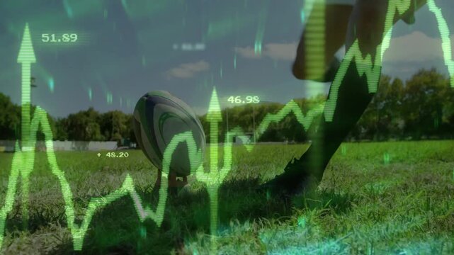 Player planting foot and driving rugby ball on tee, finance graph pulsing over ball showing growth