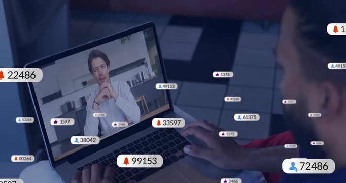 Viewer shifting pad badges appearing piling over laptop obscuring host then thinning for ads