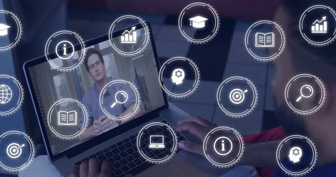 Viewer moving hand to touchpad, laptop speaker shifting while icons filling screen for learning
