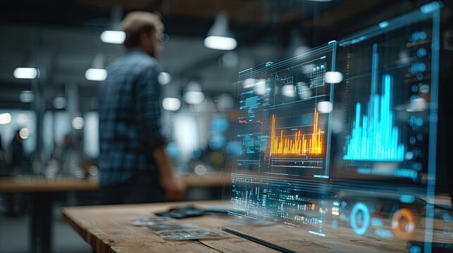 A man in a modern office analyzing data on a digital screen