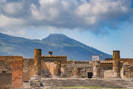 The ancient architecture at Pompeii Archaeological Site, Italy, on a sunny day.
