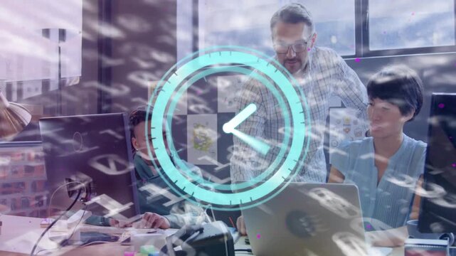 Cyan clock appearing, team leaning, typing, overlay shrinking to reveal hourglass, showing deadline