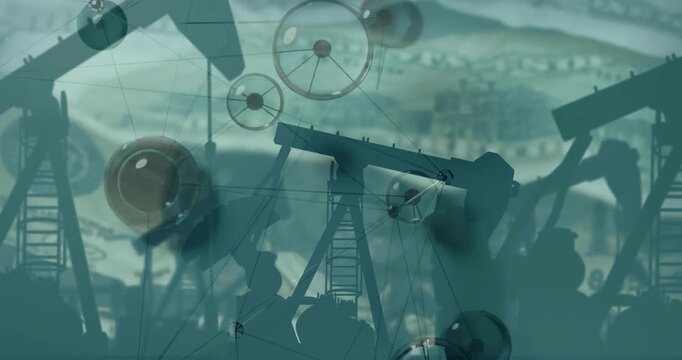Pumpjacks anchoring montage, frames advancing sparking bubbles drifting, wheels linking oil finance
