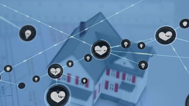 Heart icon appearing above plan sparking node network growing over model visualizing design