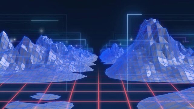 Camera pushing forward wireframe peaks sliding over neon grid while HUD flickering for technology
