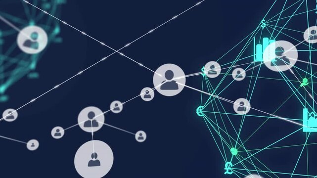 Avatars spawning from data stream, moving along line in finance mesh, linking nodes to form network