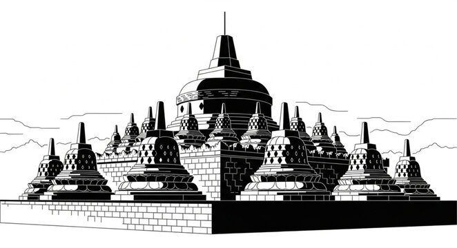 Monochrome depiction of Borobudur Temples stupas, a historical Buddhist monument.