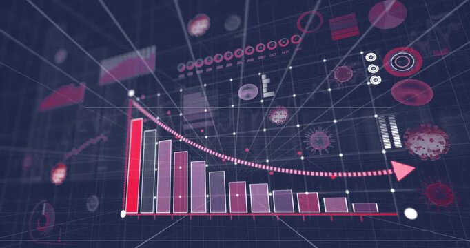 When scene opens 3D bar chart filling descending bars, tracing dotted trend arrow, showing decline