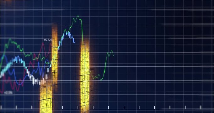 Finance grid animating from live data colored traces rising gold markers marking peaks for tracking