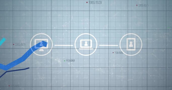 Left node pulsing, nodes appearing and linking, trend lines sweeping, peaking and showing analytics
