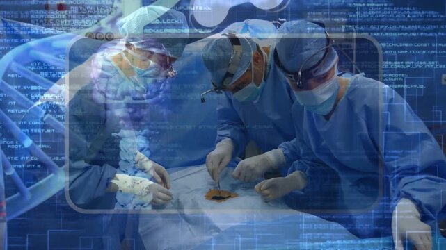 Surgical team performing surgery on abdominal incision, DNA overlay dissolving and revealing field