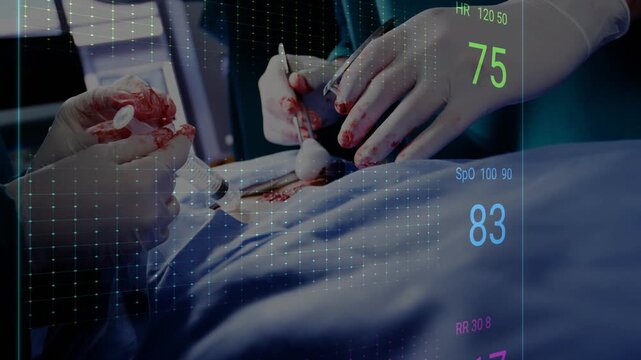 Surgeons' gloved hands performing surgery on torso, HUD appearing and updating vitals guiding care