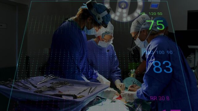 Surgical team in OR, lead surgeon starting cut for patient care while vitals overlay guiding team