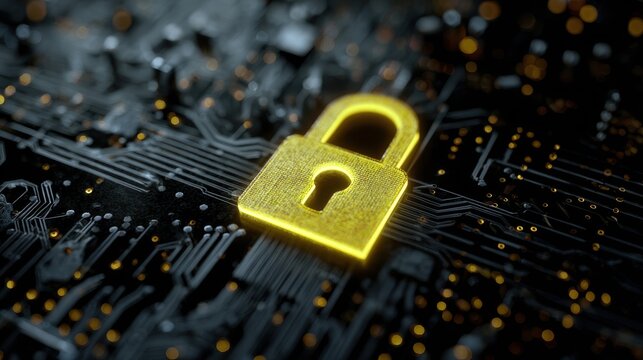 Stunning photo of digital cybersecurity concept with glowing yellow padlock on electronic circuit board.