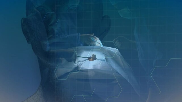 Patient lying supine while surgeon gloved hand entering port, performing surgery guided by hex grid