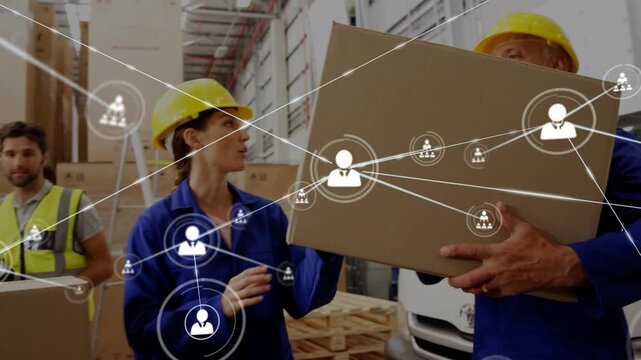 Staff moving box after operator scanning barcode, lead checking clip, network linking for logistics