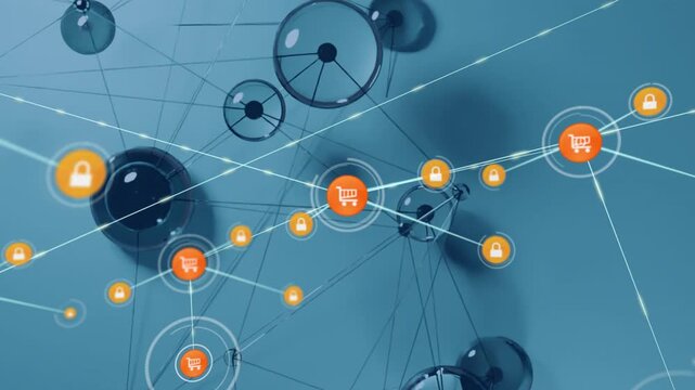 Central cart icon sending line, activating locks and nodes, network expanding for retail security