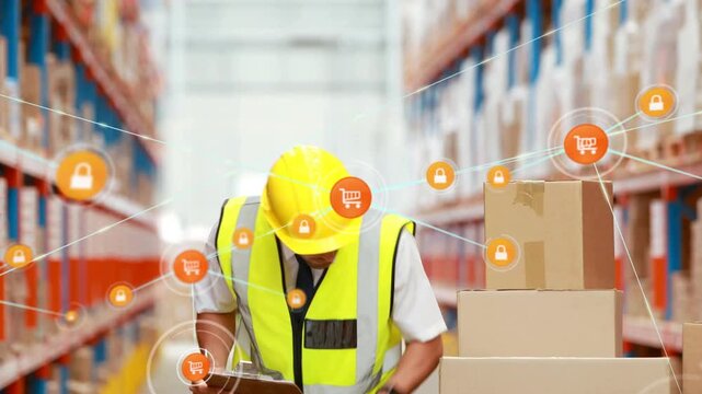 Vertical video: Warehouse worker noting, icons forming network around boxes to show stock control