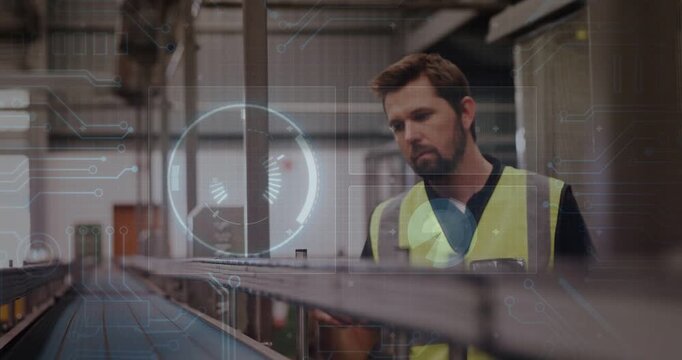 Vertical video: Warehouse tech reacting to AR HUD checking conveyor and adjusting rails to align