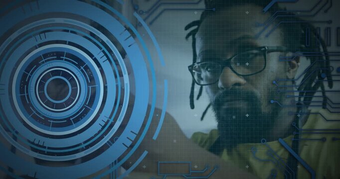 HUD appearing, developer leaning, touching blue HUD, manipulating code and debugging tech UI