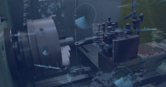 Lathe spindle and chuck spinning, initiating blue HUD overlays, toolpost holding for diagnostics