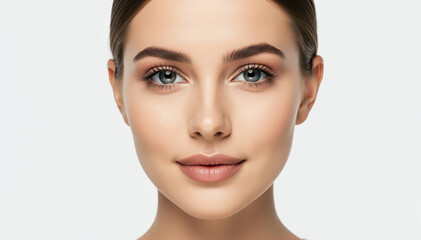 Obraz premium Graceful Radiance: A close-up shot of a stunning woman with natural beauty and delicate features exudes timeless elegance. Her subtle smile, captivating eyes.