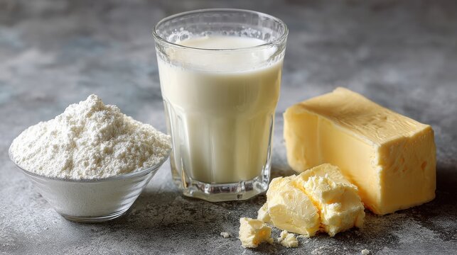 Stunning photo of glass of milk, powdered milk, and butter on a textured surface.