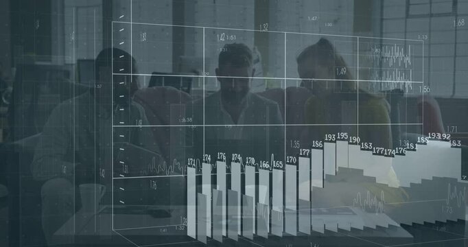Lead operating laptop and activating 3D grid, team reviewing business bar charts growing, shrinking