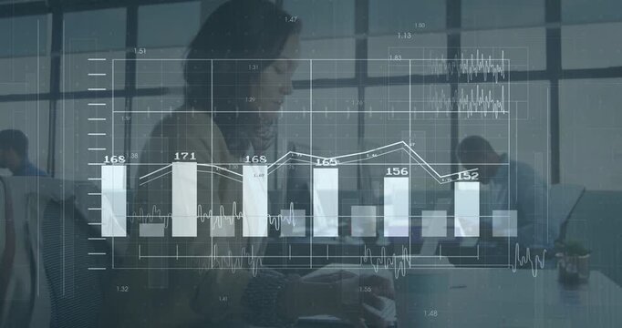 Woman typing, tapping phone at laptop in office causing finance charts updating values for analysis