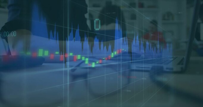 Translucent market chart appearing over desk and shifting, team leaning, analyzing laptop, specs