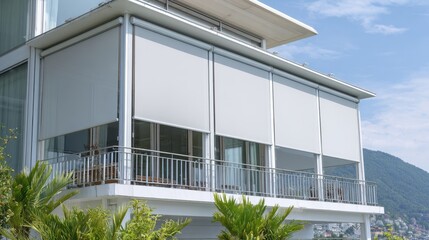 Fototapeta premium Stunning photo of modern outdoor roller blinds on a building balcony for solar protection and privacy.