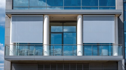 Fototapeta premium Stunning photo of modern outdoor roller blinds on a building balcony for solar protection and privacy.