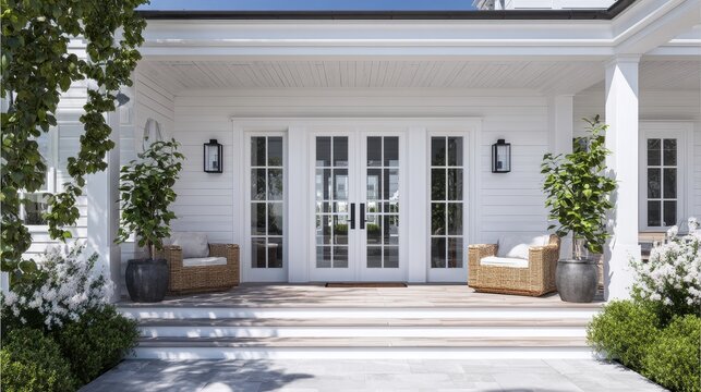 Stunning photo of modern beach coastal veranda porch french door entrance chic white paint natural Hamptons luxury farmhouse entrance patio house cottage vibes contemporary Cape.